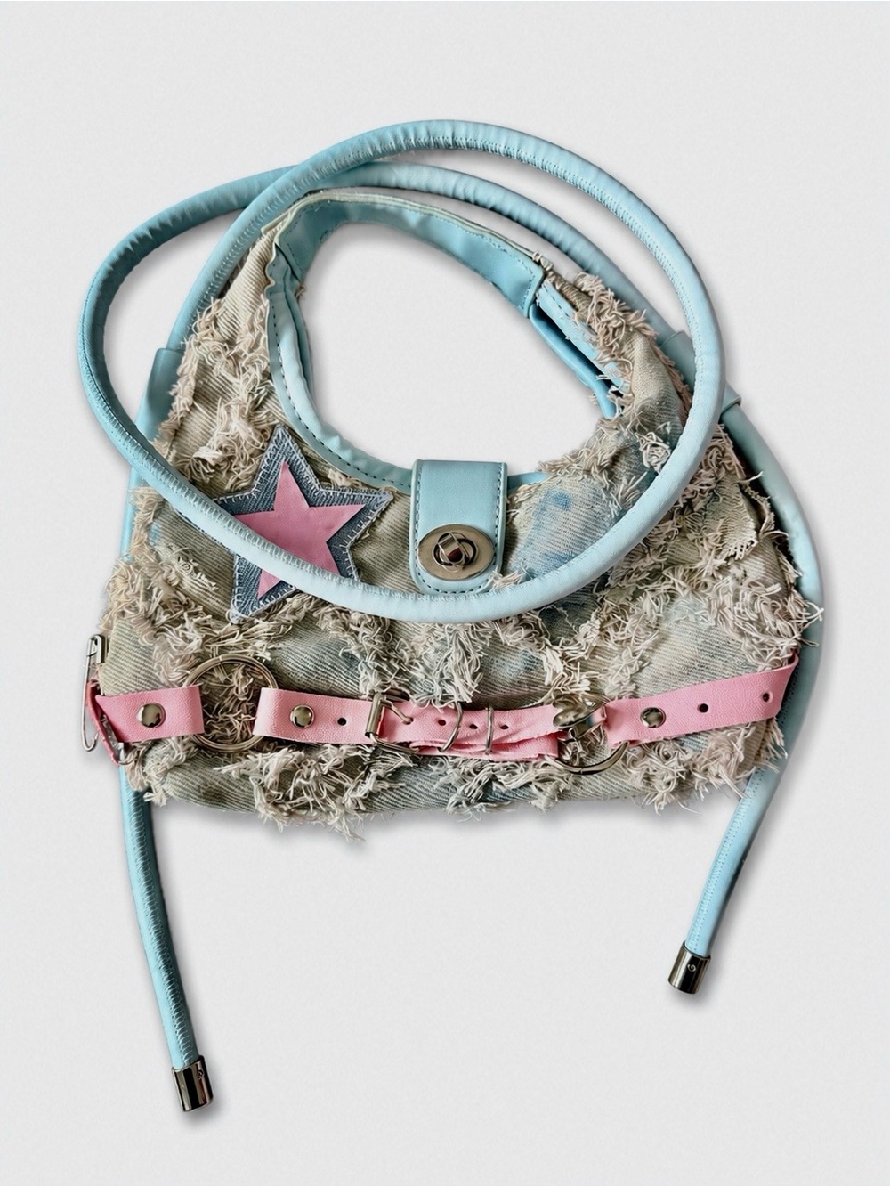 Light Blue Distressed Denim Purse / Shoulder Bag with Pink Belt/Detail